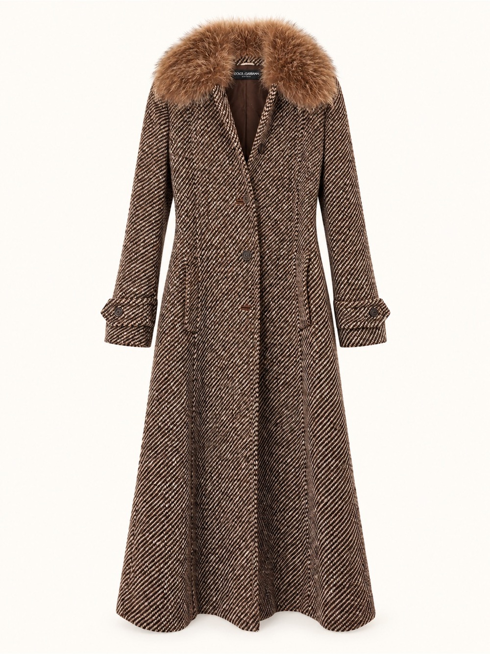 Vintage Dolce & Gabbana Y2K Long Tweed Fur Collar Maxi Coat IT 44 US 8
